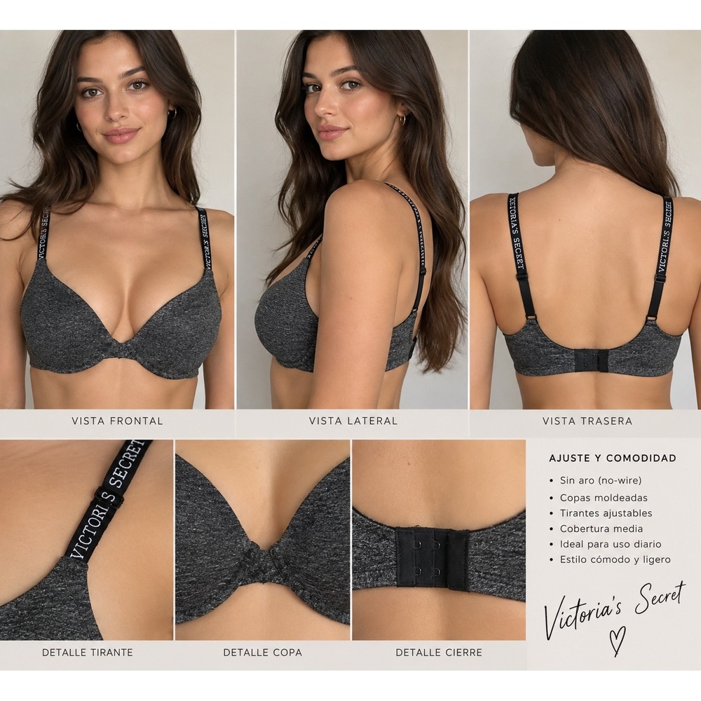Victorias Secret Wireless T-Shirt Bra Gray Heather Logo Straps 32D
